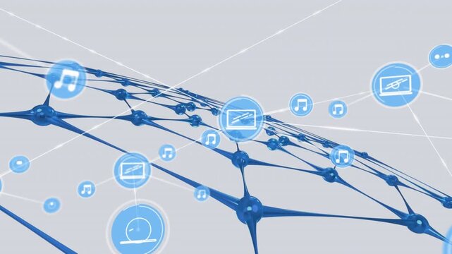 Animation of network of connections with icons over blue net
