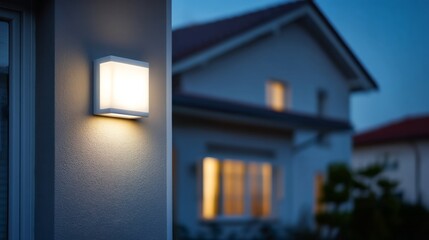 A warm, inviting light shines softly from an outdoor fixture, casting a gentle glow on the wall of a charming house during the peaceful twilight. Windows reveal hints of life within