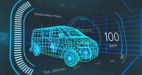 Animation of speedometer over electric van project on navy background - Powered by Adobe