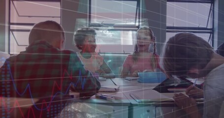 Screens with data processing against group of diverse students studying in a class at school - Powered by Adobe