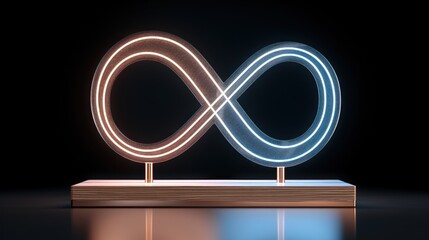 Neon Infinity Symbol on Wooden Base with Reflective Surface.