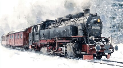 Fototapeta premium Vintage steam train in snowy winter landscape with smoke and red carriages.