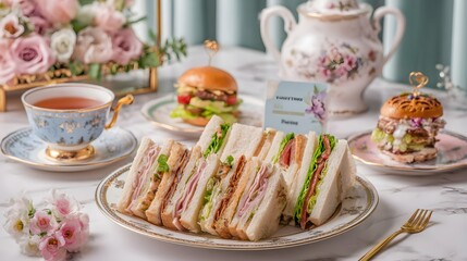 Fototapeta premium A selection of delicate finger sandwiches arranged elegantly on a plate, ready for afternoon tea or a special occasion