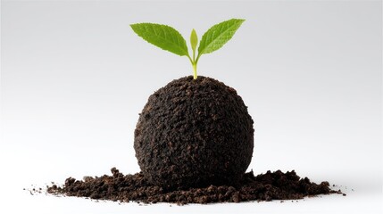 Small green sprout growing from a sphere of dark soil, symbolizing new life and growth.