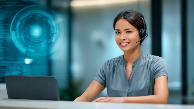 Smiling female customer support agent wearing a headset works at a modern office desk with a futuristic digital interface overlay. Professional woman provides online assistance remotely