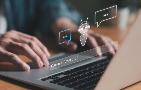 Business person using AI command with smartphone to create voice prompt for process automation without typing. Artificial intelligence for voice bot command AI suggestion technology