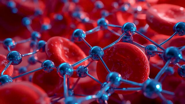 Vibrant Red Blood Cells Connected by Blue Molecular Bonds Scientific Cellular Structure Macro View