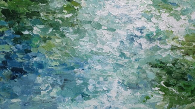 Abstract impressionist landscape with vibrant green and blue brushstrokes.