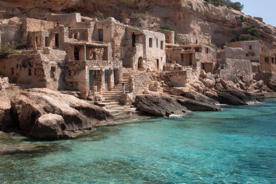 Explore Caleta Phoenician Town in Ibiza Pitiusas with stunning views of ancient stone structures by the clear turquoise waters
