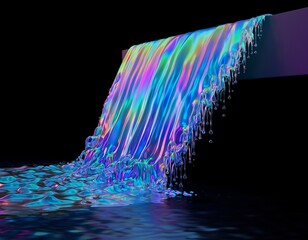 Fototapeta premium Vibrant Waterfall Cascading Downward with Iridescent Colors in a Dark Environment from a Close-Up Viewpoint