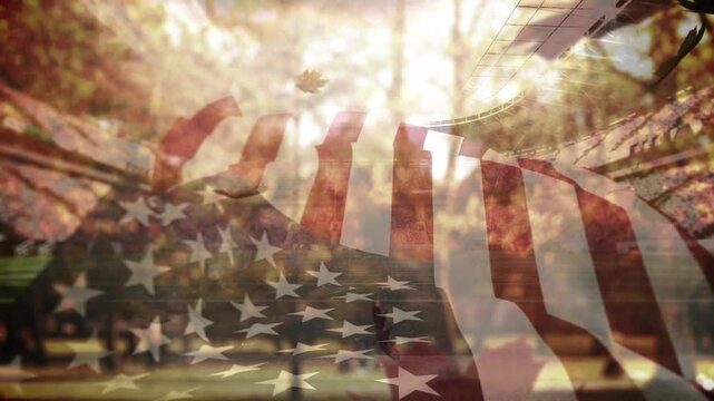 Animation of autumn leaves falling over flag of usa