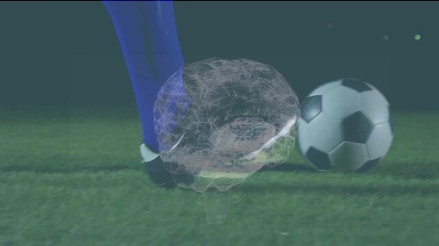 Animation of human brain spinning over mid section of male soccer player practicing soccer