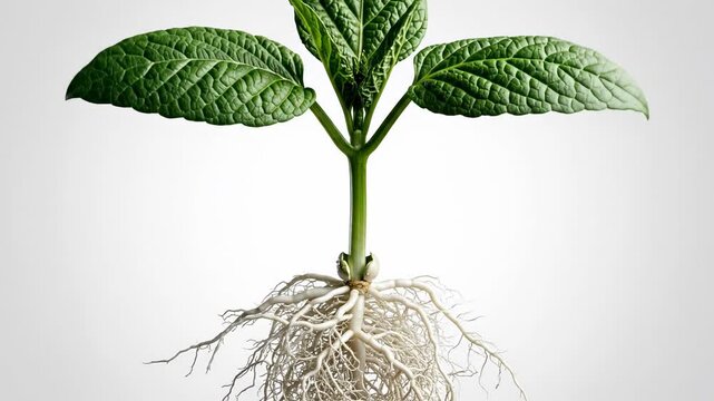 Abstract clean time lapse showing the detailed development of complex white roots spreading downward from a bean seed while the stem rapidly pushes upward nature, biology, scientific