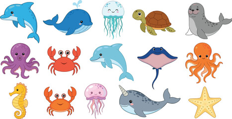 Cute sea animals vector collection featuring cartoon whale dolphin octopus turtle crab seahorse jellyfish and narwhal for children educational nautical design © MdAnowarHossain