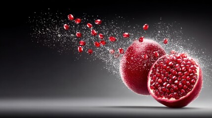 Vibrant Pomegranate Explosion - A Dynamic Still Life of Fresh Fruit and Seeds.