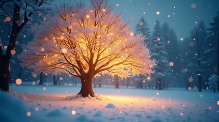 Fantasy-style glowing tree with radiant branches and magical light dust, winter night setting, soft bokeh glow