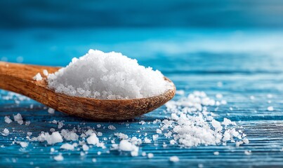 Handful of Coarse Sea Salt on Wooden Spoon, Blue Background
