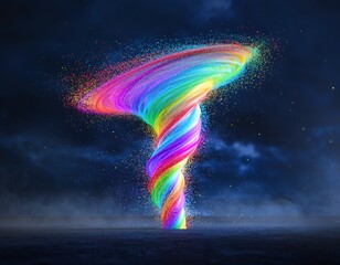 Fototapeta premium Vibrant rainbow-colored tornado swirling in the dark sky with clouds and stars visible in the background