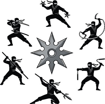 Ninja, silhouette, martial arts, weapons, shuriken, sword, nunchaku, kusarigama, staff, combat, action, pose, warrior, black, icon, vector, traditional, fighting, symmetrical, dynamic