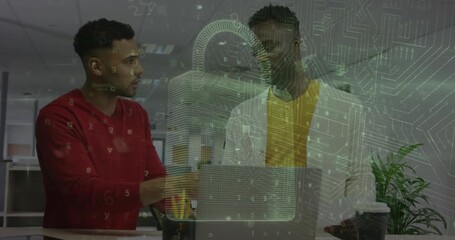 Animation of network of connections and delivery man over woman in warehouse - Powered by Adobe