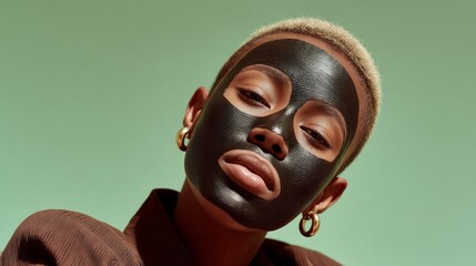In a tranquil space, a woman showcases her beauty routine with a bold black mask on her face, exuding confidence and calmness. Her unique style and serene expression inspire a sense of self-care