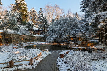 Sunrise after snowfall at Lu Hua Dao Park, Moganshan Scenic Area, Deqing County, Huzhou City, Zhejiang Province, China.