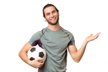 Young handsome football player man over isolated background extending hands to the side for inviting to come