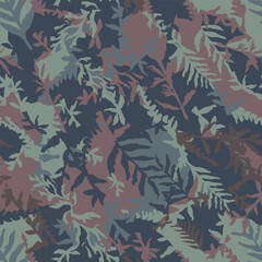 Hand drawn camo with leaf, seamless pattern. Grunge branches and herbs khaki green camouflage background. Distressed texture wallpaper. Fabric design. Ink vector