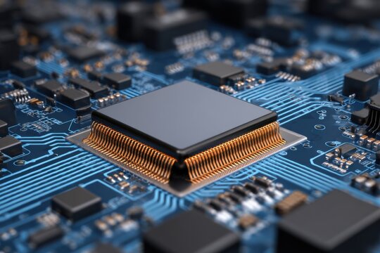 Cpu processes data on a blue circuit board filled with intricate components in a digital environment - Powered by Adobe
