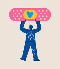 Man holding adhesive plaster. Concept of blood transfusion and donation. Colorful vector illustration