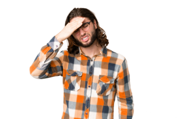 Young handsome man over isolated chroma key background with headache