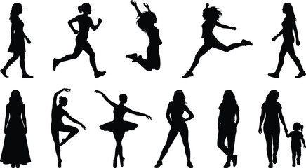Obraz premium Female, silhouette, woman, pose, walking, running, dancing, ballerina, child, mother, fashion, vector, icon, black, motion, activity, graceful, standing, jumping, relationship