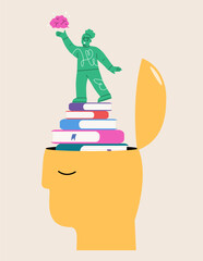 Girl holding brain in hand stand on books stack growth from her head. Colorful vector illustration
