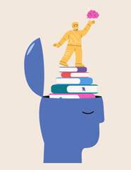 Boy holding brain in hand stand on books stack growth from his head. Colorful vector illustration