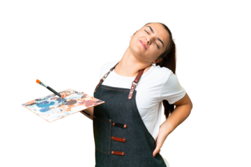 Young artist woman holding a palette over isolated chroma key background suffering from backache for having made an effort