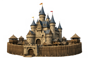 Medieval fantasy castle with stone walls, pointed turrets, and flags, surrounded by a strong wooden palisade and watchtowers, on transparent background