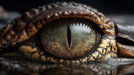 The mesmerizing close-up reveals the intense, reptilian gaze of a crocodile, its textured skin and reflective eye creating a captivating and powerful image.