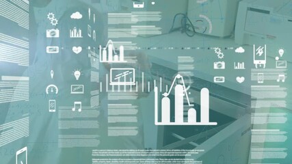Animation of tech icons, graphs and data over caucasian female lab workers in safety clothes - Powered by Adobe