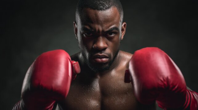 Determined african male boxer with red gloves in intense focus against dark background. - Powered by Adobe