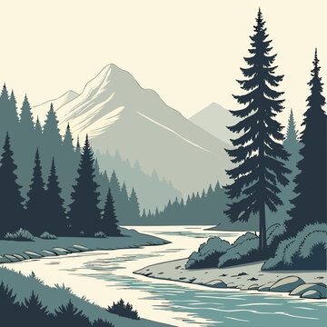 Serene mountain river landscape with pine trees and rocky shoreline in style