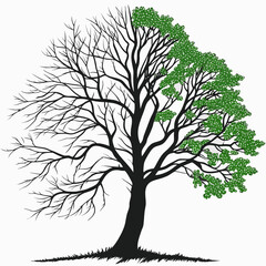 Obraz premium Tree with half bare branches and half green leaves 1