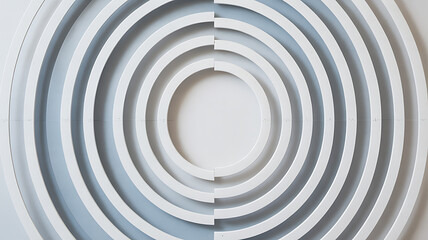Architectural 3D render of white concentric rings on a blue wall background, abstract geometric design