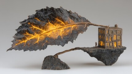 Surreal Miniature World - Glowing Leaf and Floating House with Figures.