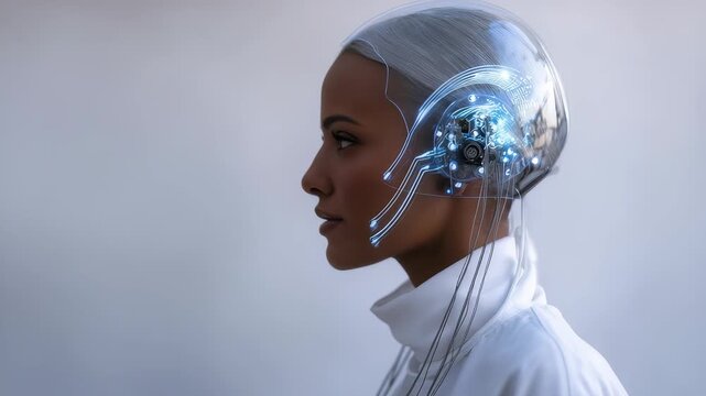 Futuristic female cyborg with advanced artificial intelligence technology, glowing neural circuits, depicted in sleek, modern style. Conceptual portrait highlights innovation, digital evolution