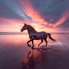 Black Horse Running on Beach at Sunset