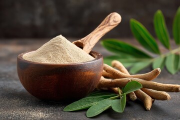 Natural ashwagandha powder in wooden bowl surrounded by fresh leaves and roots on rustic surface