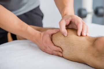 Masseur applying thumb pressure on acupoints during a therapeutic session in a wellness center aimed at promoting relaxation and healing