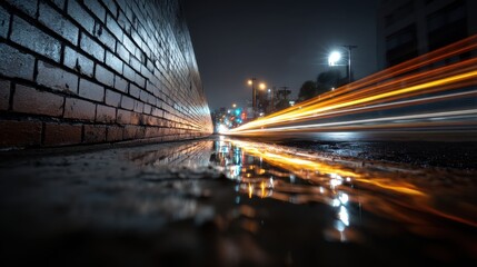 Urban night scene: light trails reflecting on wet city street.