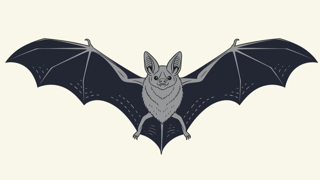 Gray bat with large spread wings flying through the air depicted in a simple flat illustration style against a light cream-colored background.