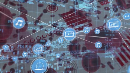 Animation of network of connections over virus cells and data processing - Powered by Adobe
